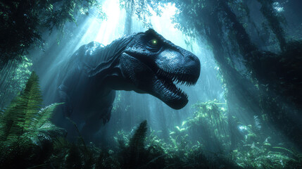 Wall Mural - A dinosaur emerging from a dense mist in an ancient jungle, with beams of sunlight piercing through the thick canopy above