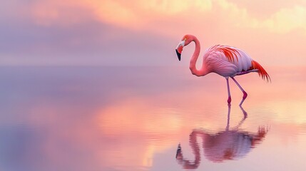   A pink flamingo standing in a pond with its reflection