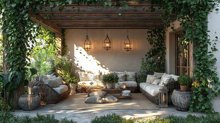 Wall Mural -   A cozy patio, lush with greenery, adorned with wall-mounted lighting, and featuring an inviting couch