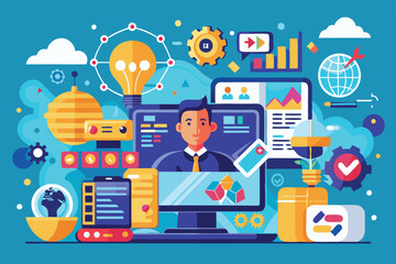 Poster - A customizable illustration shows a professional engaging with various digital transformation elements and tools, Customizable cartoon illustration for digital transformation.