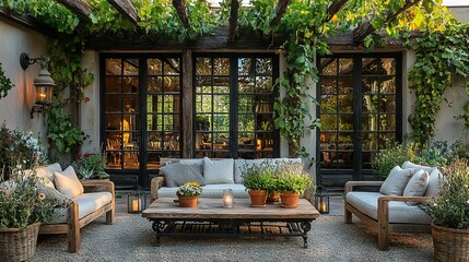 Wall Mural -  A cozy patio featuring comfortable couches, tables, and vibrant potted plants, set against a stunning backdrop of glass-encased doors and windows