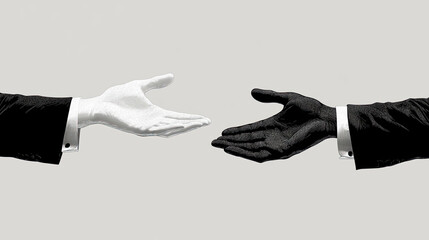 A contrasting pair of hands, one black and one white, extend towards each other, representing harmony and inclusivity in a minimalist setting