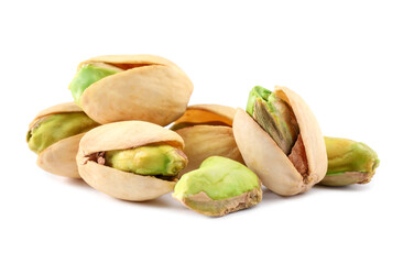 Wall Mural - Heap of tasty pistachio nuts isolated on white