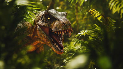 Wall Mural - A dinosaur hunting in a dense jungle, dappled sunlight filtering through the thick canopy, foliage reflecting in its eyes, muscular body tensed,