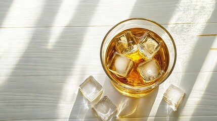 Sticker -   A glass of whiskey on ice in sunlight on a white wooden table