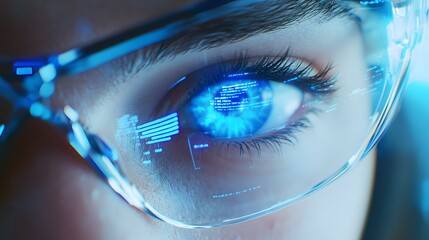 Poster - Close-up of a blue eye with digital overlay through futuristic glasses