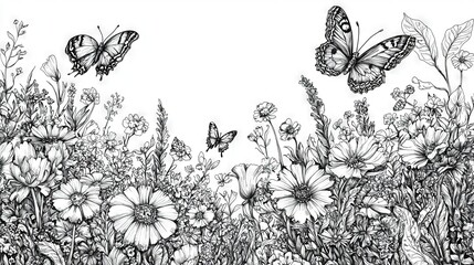 Canvas Print -   A monochrome illustration portrays a meadow brimming with blossoms, featuring two flying butterflies above the foreground flora