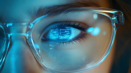 Poster - A Close-Up of an Eye Looking Through Futuristic Smart Glasses