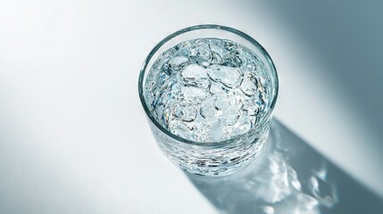 Sticker -   A glass of water with ice cubes on a white surface under a shadow