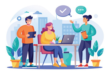 Poster - A team collaborates on a project, sharing ideas and strategies in a vibrant office environment, Discussion on project to meet company goals, trending, flat illustration.
