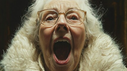 Wall Mural -   An elderly lady in glasses with a white fur coat, her mouth is slightly open