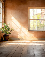 Sunlight streaming through a large window onto a wooden floor with a potted plant in a cozy, rustic room