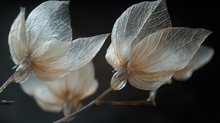 Poster -   A pair of white blossoms resting atop a leaf-covered tree limb, with water droplets adorning their petals against a dark backdrop