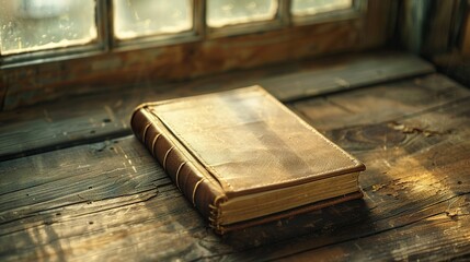 Wall Mural -   An aged book rests atop a wooden table beside two windowpanes within an antiquated structure