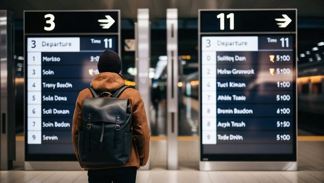 A man wearing a backpack stands in front of a large display of flight information. The man is waiting for a flight