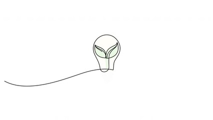 Wall Mural - animation of light bulb with green leaves inside drawn by one continuous line. single line doodle dr