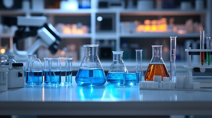 Poster - Laboratory Glassware with Blue and Orange Liquids on a White Surface