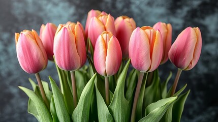 Canvas Print - A bouquet of delicate pink and yellow tulips with green leaves, capturing the beauty of spring blooms