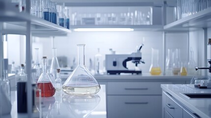 Poster - a laboratory setting with glassware, liquids, and a microscope
