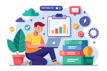 Poster - A young individual is focused on downloading vital data using a laptop amid vibrant graphics and icons, Download important data with a flat illustration.