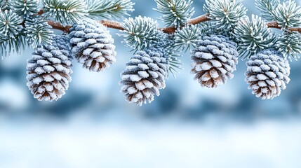 Poster - Frost-Covered Pine Cones Adorned with Delicate Icy Crystals on a Branch Against a Softly Blurred Winter Background