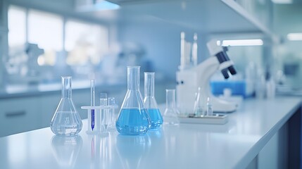 Poster - laboratory equipment with blue liquid in flasks and test tubes