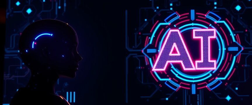 Silhouette of a robot looking at a digital image of the letters 