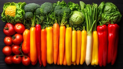 Wall Mural - A Vibrant Rainbow of Fresh Produce Arranged in a Row, Featuring Tomatoes, Peppers, Carrots, and Other Colorful Vegetables