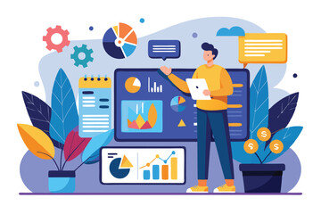 Poster - A person stands confidently with a tablet, showcasing data analytics amid colorful charts and plants, Draw data manually, use flat illustration.