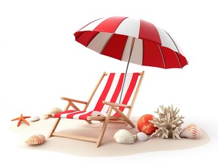 Beach chair with red umbrella, ball, shells, starfish, coral on sand, 3D vector, white background, travel concept.