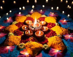 Oil lamps lit on street at night during diwali celebration