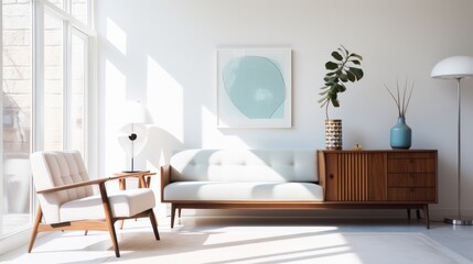 A modern living room, bathed in natural light, showcases minimalist Scandinavian design with wooden furniture and subtle decorative elements.