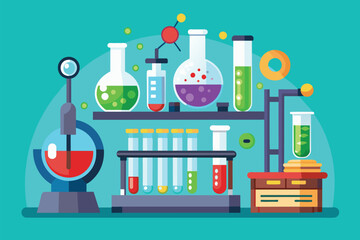 Poster - A drug testing lab is filled with colorful glassware and scientific instruments illustrating research activities, Drug testing lab, flat illustration