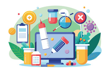 Poster - A colorful illustration showcasing tools for monitoring drug use alongside data analysis elements, Drug use monitoring, simple illustration.