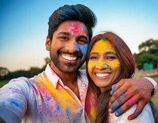 Festival of holi and technology concept - young couple making selfie at the festival