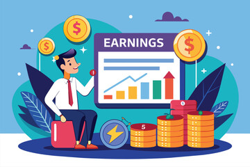 Poster - A business professional presents an earnings announcement featuring stable financial growth chart, earnings announcement, no change in illustration