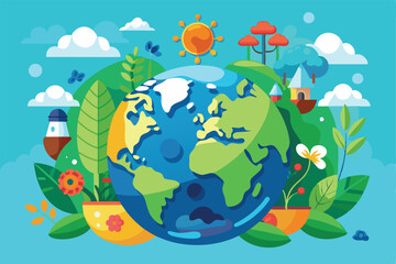 A vibrant illustration promoting environmental appreciation with diverse landscapes, plants, and a bright sun, Earth-saving illustration that can be customized.