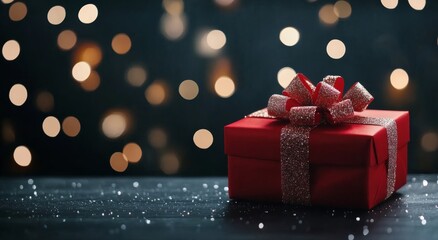 Wall Mural - A beautifully wrapped red gift box with a glittery ribbon set against a blurred bokeh background