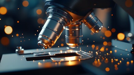 Poster - Close-up of a Silver Microscope with a Bright Orange Glowing Light