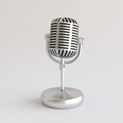 A vintage-style silver microphone stands on a simple base, featuring a classic design with a mesh grille, symbolizing audio recording and communication.