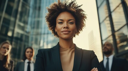 Wall Mural - A confident woman stands in a business setting, surrounded by colleagues, showcasing empowerment and leadership against a modern urban backdrop.