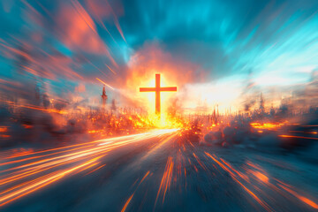 Cross glowing in radiant light breaking through dramatic clouds with heavenly atmosphere