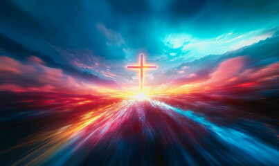 Cross glowing in radiant light breaking through dramatic clouds with heavenly atmosphere