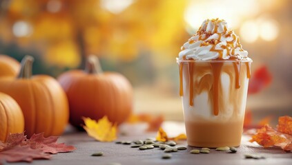 Sticker - Delicious pumpkin spice latte topped with whipped cream and caramel in a fall setting