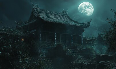 A dark, mysterious temple under the full moon.