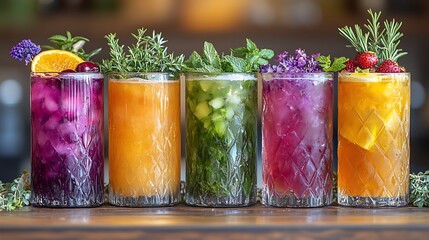 Wall Mural - A colorful array of refreshing cocktails garnished with herbs and fruits.