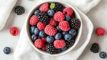 Wall Mural -   A bowl of mixed berries on a white cloth alongside blackberries and raspberries