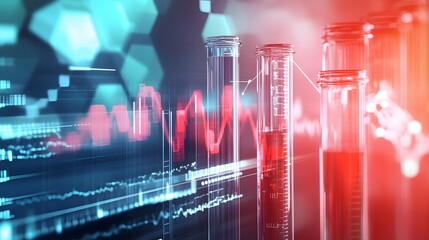 Poster - Glass Test Tubes Filled with Red Liquid Against a Techy Blue and Red Background
