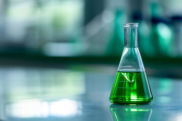 Laboratory table is the setting for an Erlenmeyer flask being filled with a vibrant green liquid. The scene captures the essence of science, chemistry, and research in a captivating way