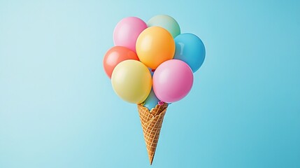 Poster -   A conical arrangement of ice cream-topped balloons bobbing in midair